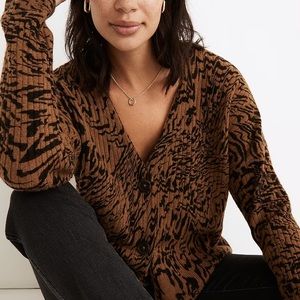 Madewell Cameron Ribbed Cardigan Sweater Tiger Striped in Coziest Yarn XS